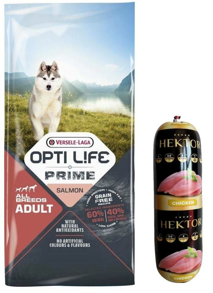 Versele-Laga Opti Life Prime Adulte Croquettes Pour Chien Au Saumon Sans Céréales 12,5 Kg + Barre D'aliments Pour Chiens Premium Hektor à La Volaille 900g 1 Versele-Laga Opti Life Prime Adulte Croquettes Pour Chien Au Saumon Sans Céréales 12,5 Kg + Barre D'aliments Pour Chiens Premium Hektor à La Volaille 900g